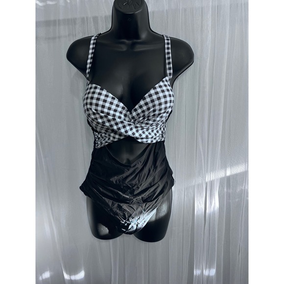 Unbranded Other - Womens Black‎ White Gingham Twist Front Cutout One Piece Swimsuit Size Large